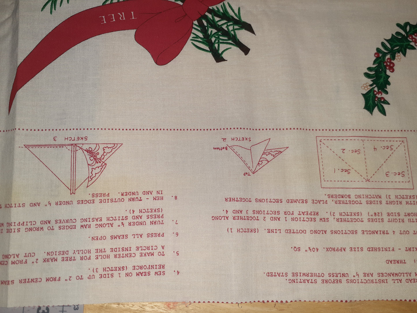 2 Panels of tree skirt or table cover, Vintage Christmas panels. Yuletide Berries and Bows. Peggy Jo Ackley.